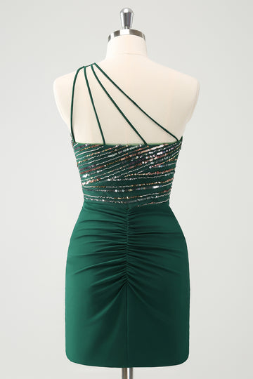 Vestido de cóctel ajustado con un solo hombro y purpurina verde oscuro